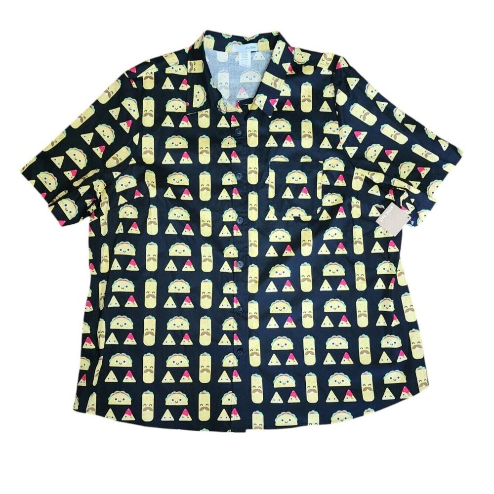 NWT EVA ROSE Black Yellow Taco Pattern Button Down Shirt Womens Plus Size 4X‎